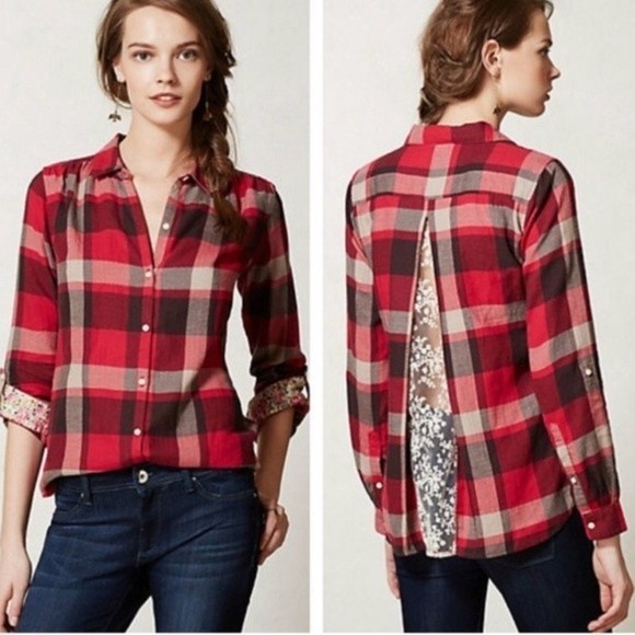 Anthropologie Tops - Anthropologie Isabella Sinclair Altay Plaid Lace Back Button Up Shirt